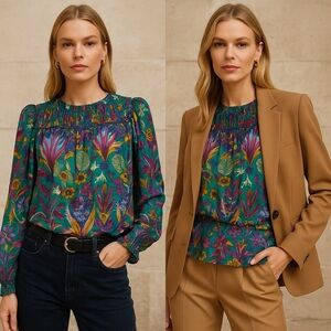 Nicole Miller Multicolor Floral Blouse - Green, Purple, Yellow